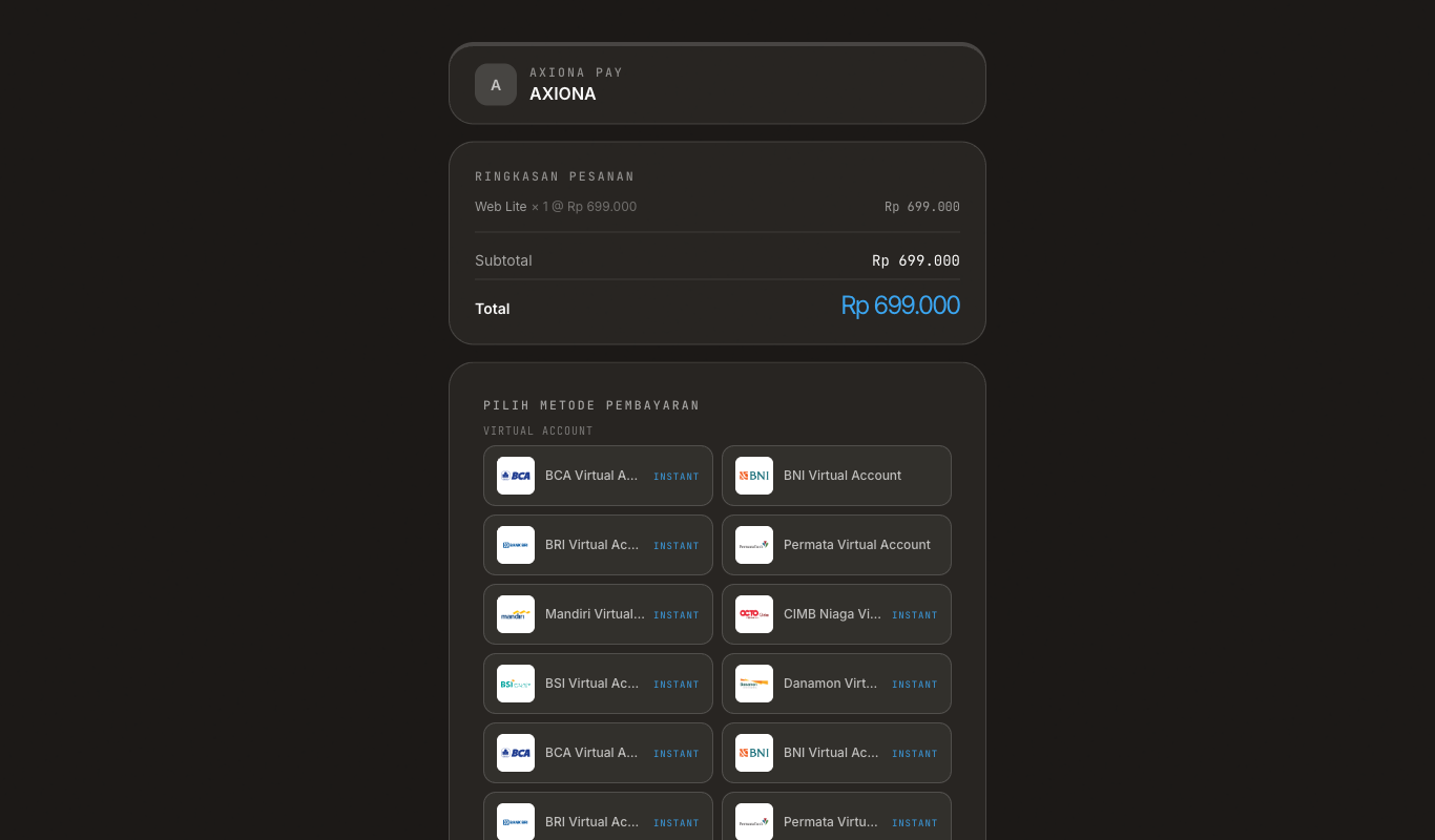 Halaman pembayaran Axiona dengan ringkasan pesanan dan daftar metode pembayaran